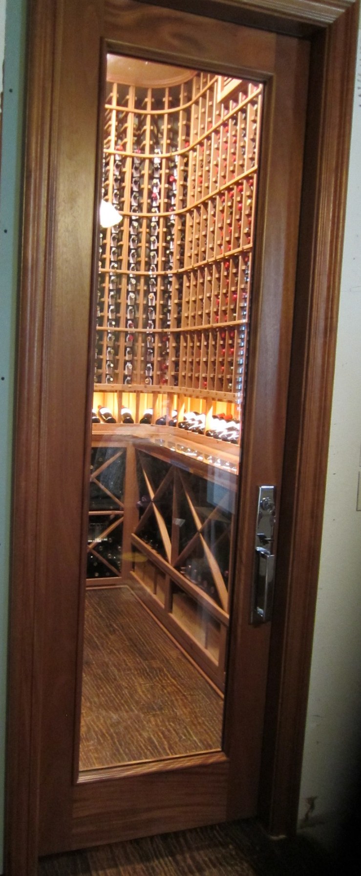 Barolo Glass Wine Cellar Door in Mahogany with Wheat Stain and Lacquer Designed by Seattle Master Builders