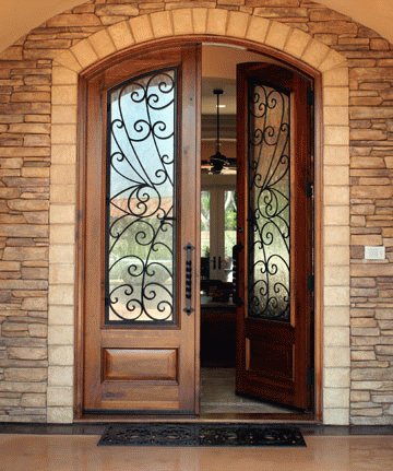 Glass Door with Wrought Iron and Wood Components Used in One of Projects in Seattle