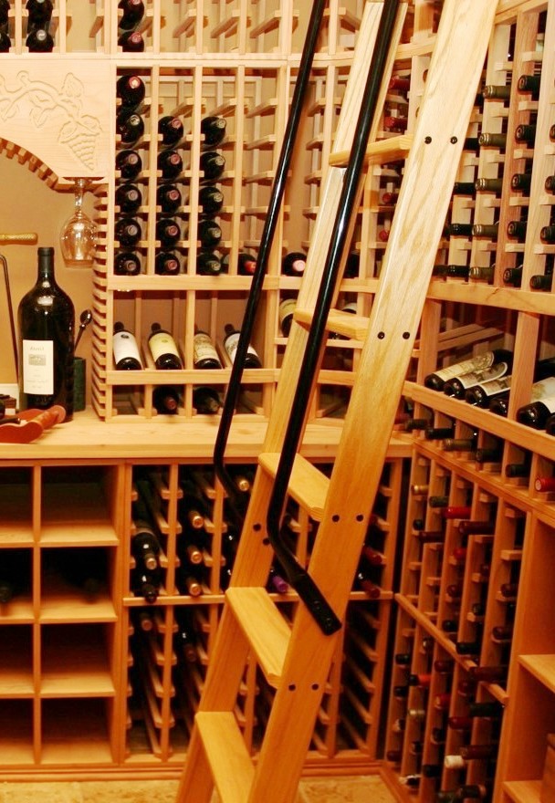 Wine Cellar Ladder with Metal Hand Rails Installed in a Home Wine Cellar in Seattle