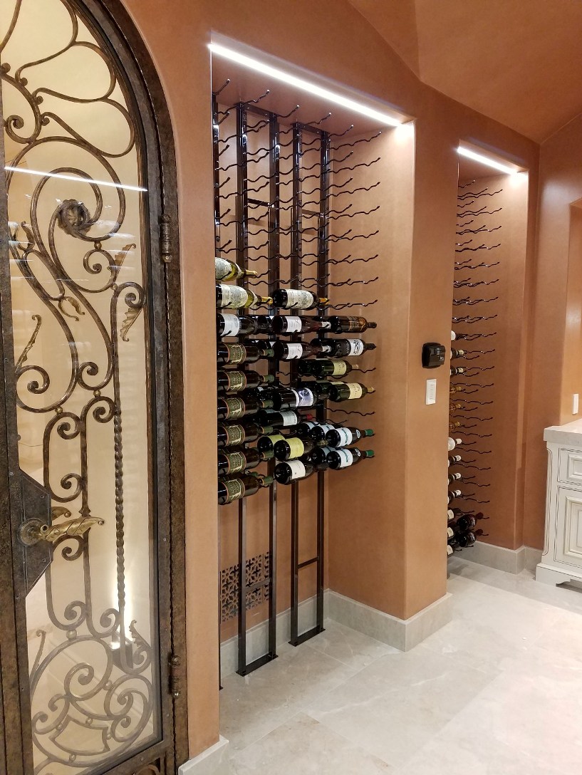 Elegant Residential Custom Wine Cellar with Metal Wine Racks Designed by Seattle Experts